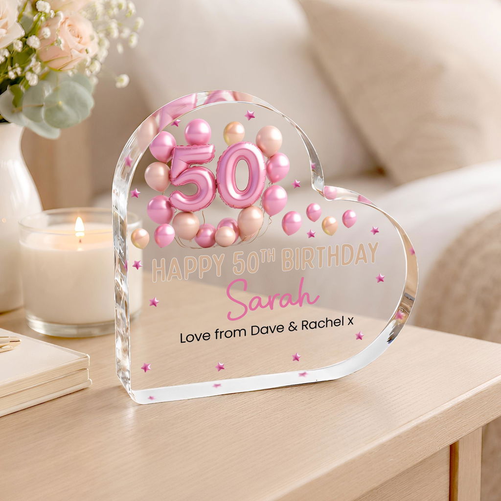Personalised Pink Beige 50th Birthday Balloon Gift Heart Plaque