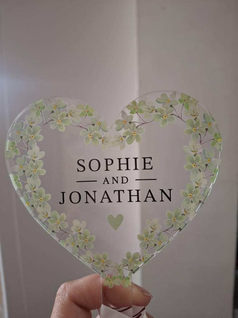 Personalised Green Floral Wedding Engaged Anniversary Cake Topper