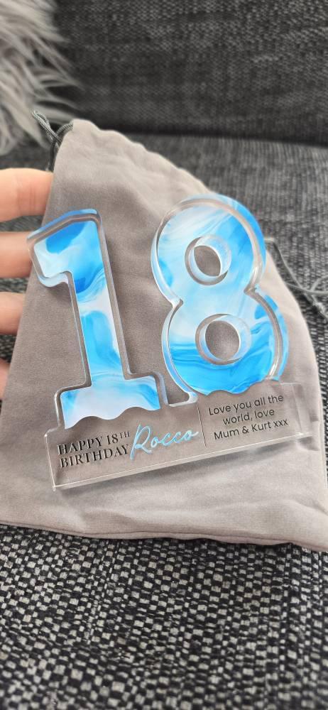 Personalised Freestanding Blue Marble Print 18th Birthday Gift Plaque
