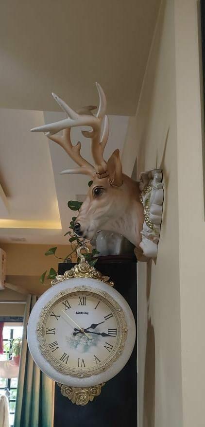 FunkyTradition Royal Multicolor Dual Hanging Reindeer Wall Clock for Home Office Decor and Gifts 75 CM Tall