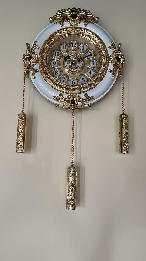FunkyTradition Royal Designer Gold Plated White Premium String Hanging Wall Clock for Home Office Decor 55 cm Tall