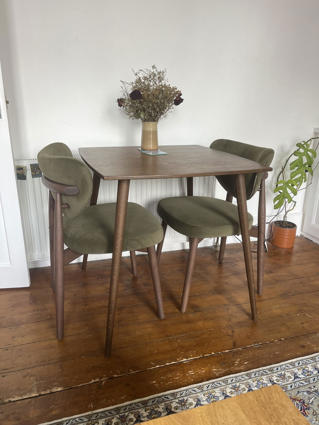Valen Set of 2 Olive Green Velvet Dining Chair with Walnut Effect Ash Solid Wood Frame