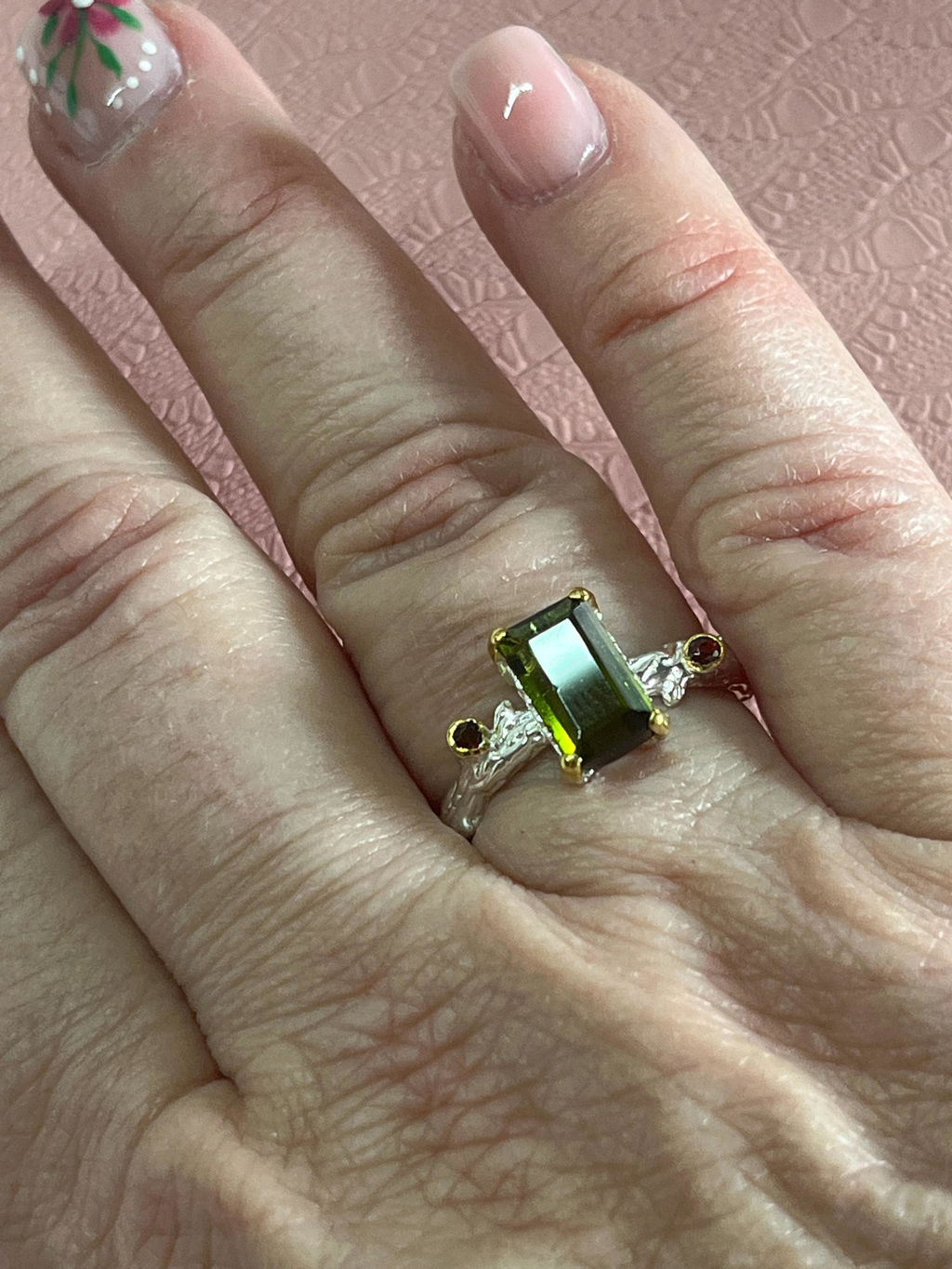 925 Sterling Silver Green Tourmaline Dainty Ring