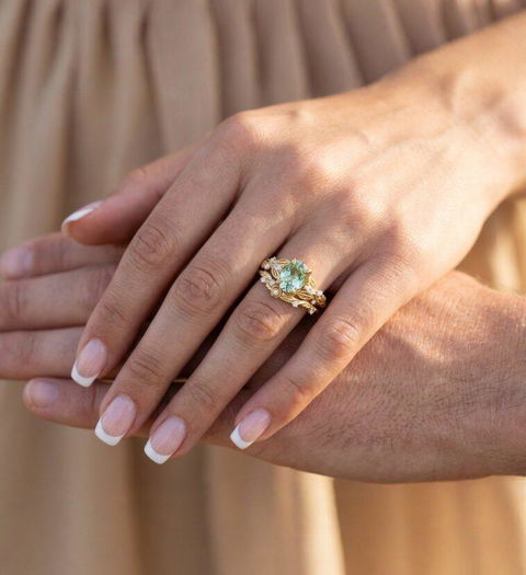 Oval Cut Green Sapphire Leaf And Flower Inspired Bridal Ring Set - Glinda