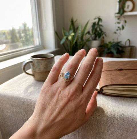 Pear Cut Lab Grown Blue Diamond Moon And Flower Inspired Bridal Ring Set | GemsMagic