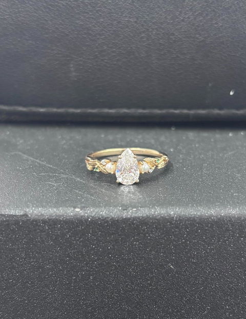 Pear Cut Lab Grown Diamond Leaf Engagement Ring With Pearl And Emerald - Addison | GemsMagic