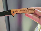 Personalized Oak Wood Pocket Knife with Name and Icon