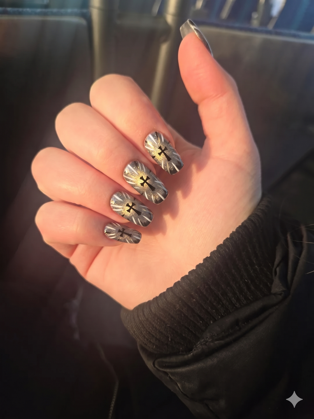 Sacred Eclipse – Dark Feminine Gothic Cat Eye Coffin Press-On Nails