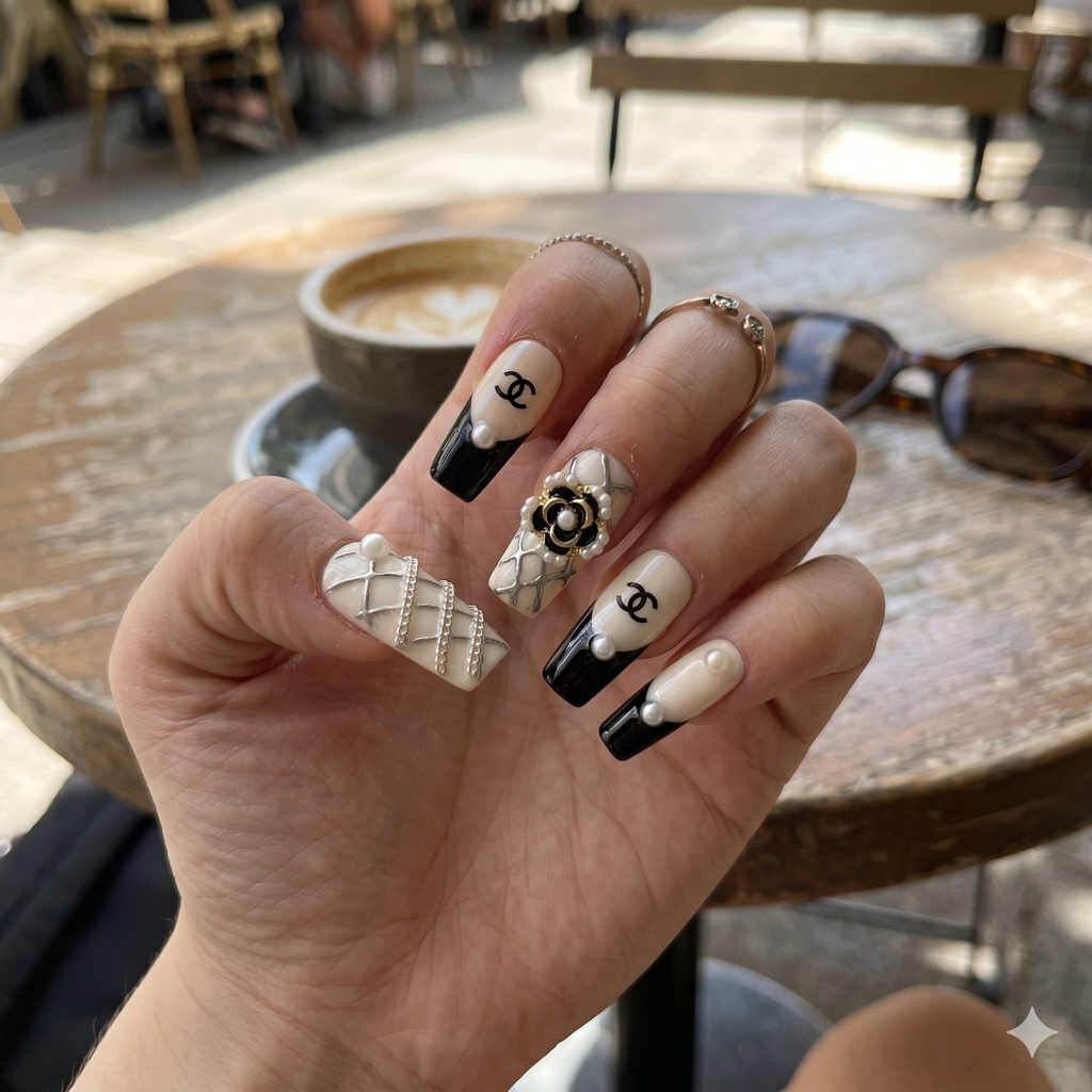 Luxe Camellia – Quiet Luxury Black White Coffin Press-On Nails
