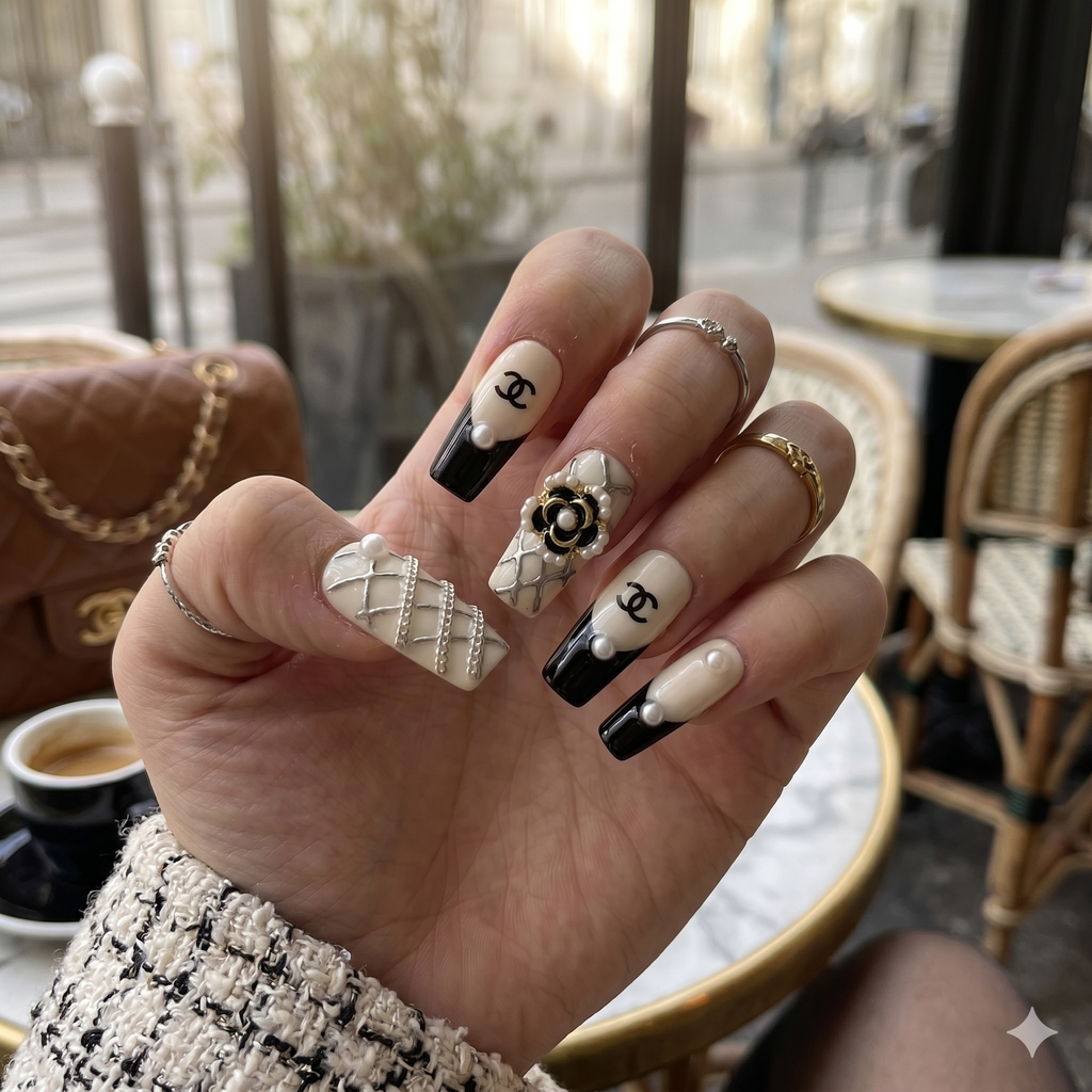 Luxe Camellia – Quiet Luxury Black White Coffin Press-On Nails