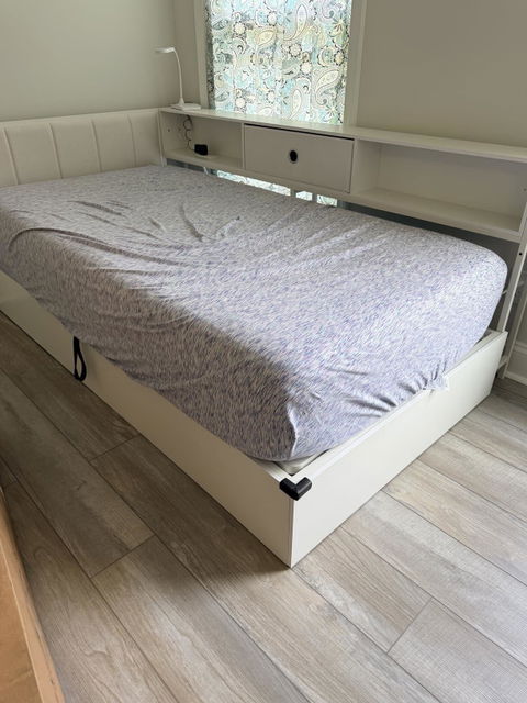 Hasuit | Corner Lift Up Storage Bed Frame with Charging Station & LED Lights Day Bed with Upholstered Headboard and Bookcase for Kids Teens Guests White