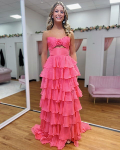 A Line Chiffon Prom Dresses for Women Strapless Tiere Ruffled Evening Party Dresses HE001