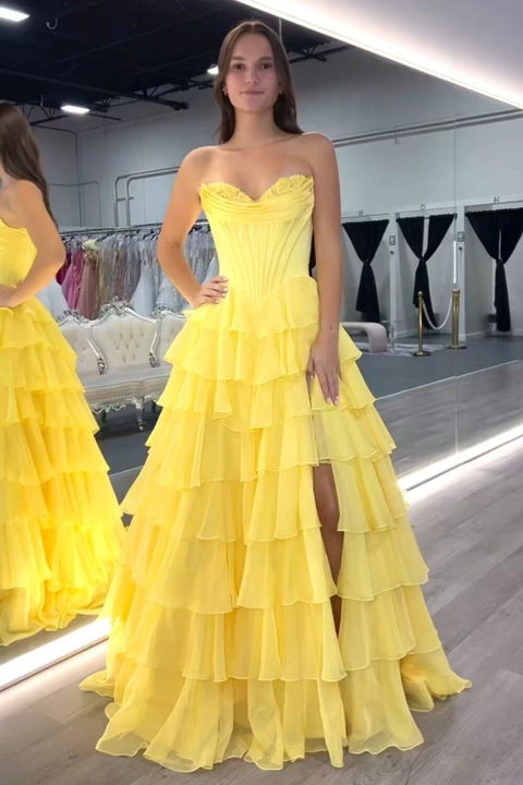 Sweetheart Prom Dresses Long for Women Chiffon Appliques Ruffles Party Dresses HE002