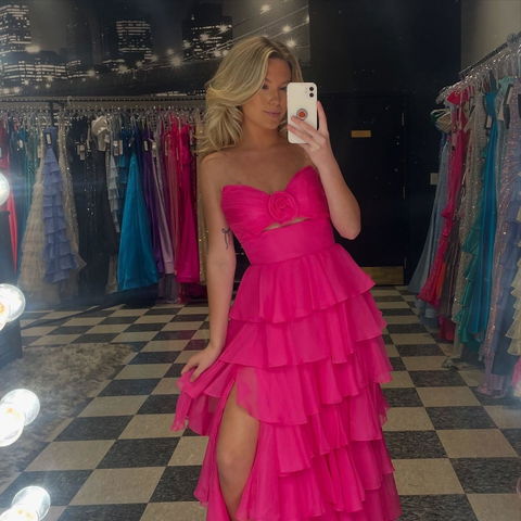 A Line Chiffon Prom Dresses for Women Strapless Tiere Ruffled Evening Party Dresses HE001