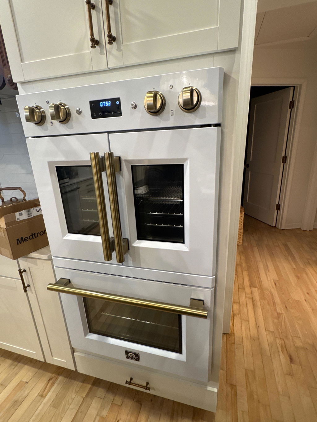 Forno Asti 30-Inch Double Electric Wall Oven with Upper French Doors in White with Antique Brass Trim (FBOEL1340-30WHT)