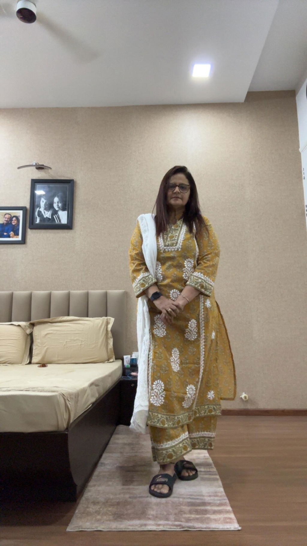 HOC Cotton Chikankari Printed Straight Women's Long Kurta Set-Mustard