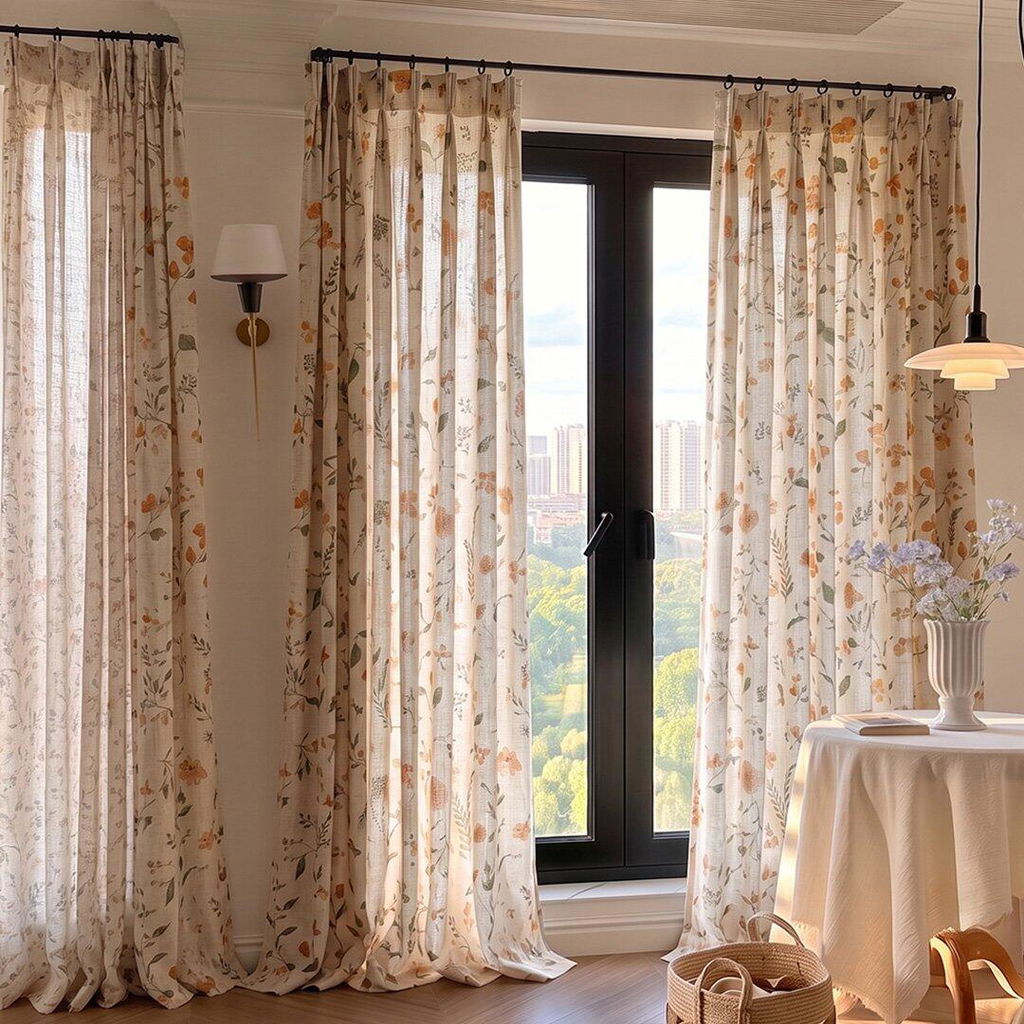 Floral Print Linen Sheer Curtains – Cherry Red Green Leaf Light Filtering Semi Sheer Drapes