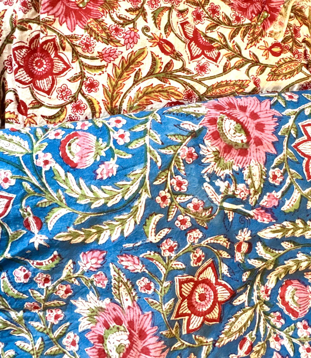 Fabric with Flowers by the Yard | Hand Block Printed Cotton Summer Textile