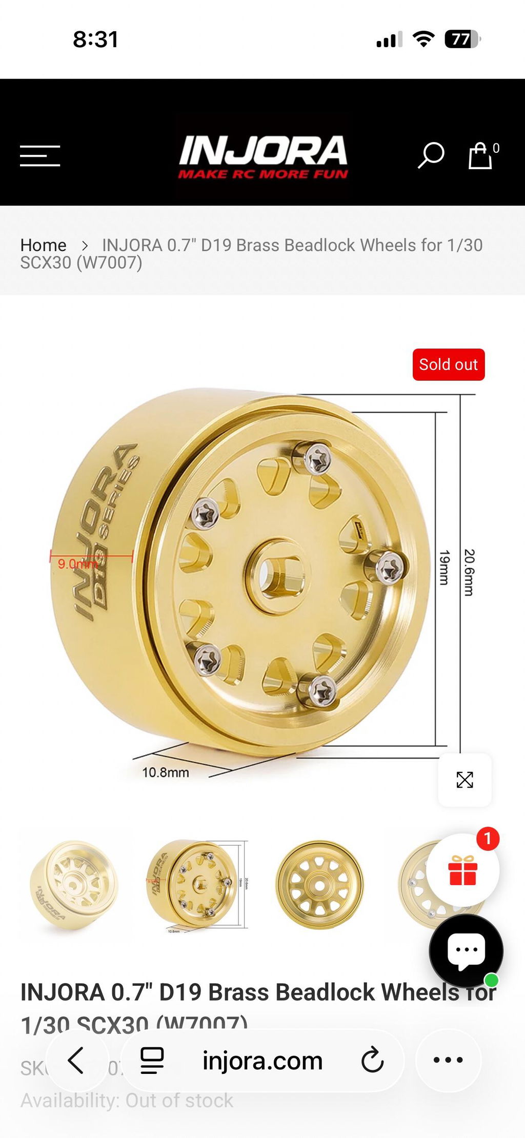 Jantes INJORA D19 Aluminium Beadlock 0,7″ Pour 1/30 Axial SCX30 – Or Ou Titane (W7005)