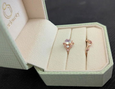 Nature Inspired Round Moonstone and Moissanite Ring Set 2pcs