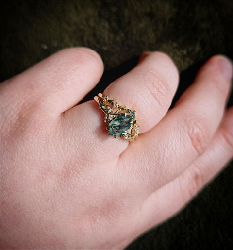 Nature Hexagon Cut Moss Agate Vine Ring Set 2pcs