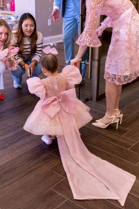 Pink O-Neck Puff Sleeve Metallic Flower Girl Dress D111