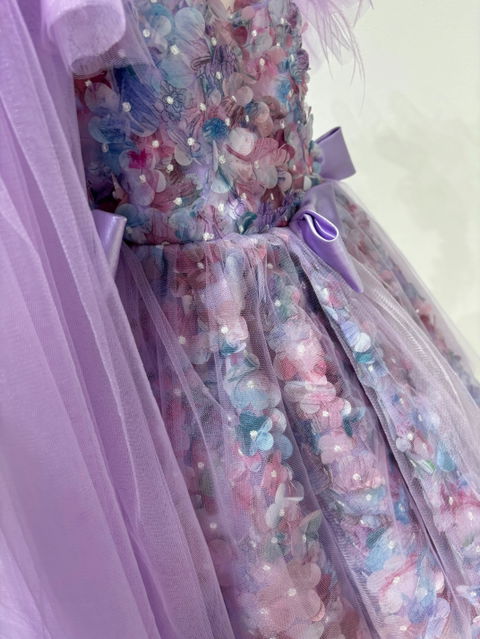 Purple Flower Girl Dress for Girls Feather Floral Tulle Party Dress for Party D282