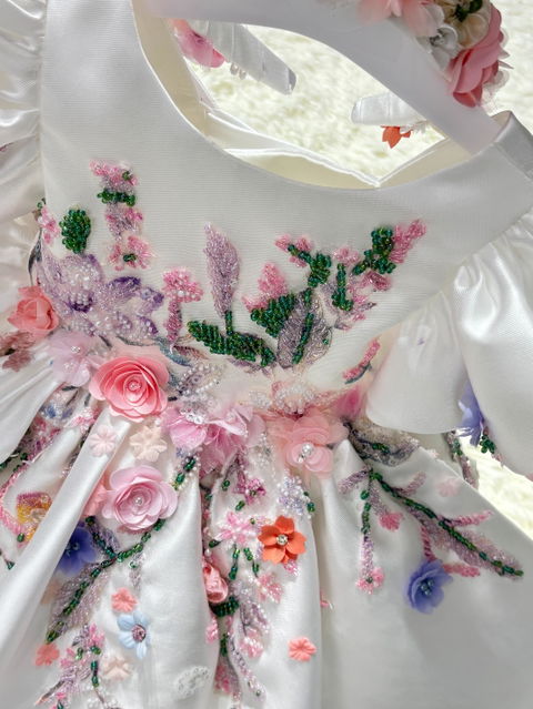 White Flower Girl Dress for Girls 3D Floral Puff Sleeve Ball Gown for Wedding D274
