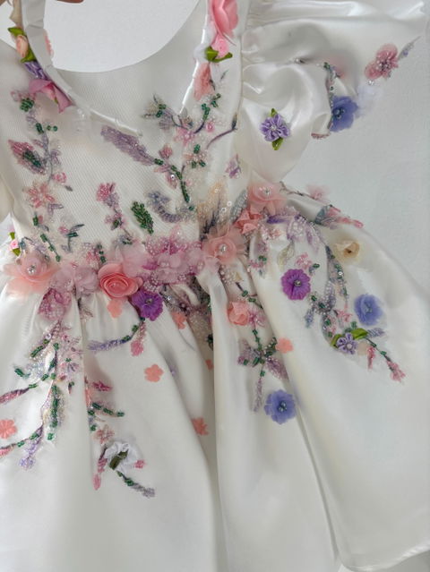 White Flower Girl Dress for Girls 3D Floral Puff Sleeve Ball Gown for Wedding D274