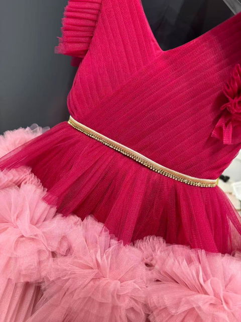 Fuchsia Flower Girl Dress for Girls Layered Ruffle Tulle Party Dress for Birthday M013
