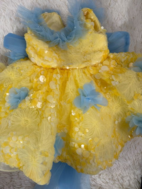 Yellow Flower Girl Dress for Girls Blue 3D Floral Tulle Party Dress for Birthday J906