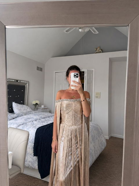 Glamorous Metallic Gold Evening Dress with Vertical Fringe Skirt SS232