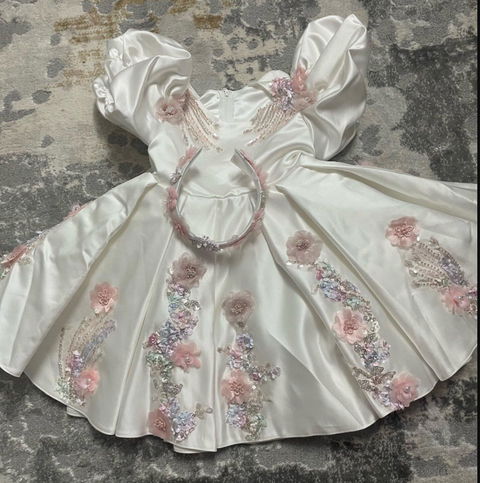White Flower Girl Dress for Girls Satin Puff Sleeve Ball Gown for Wedding J892