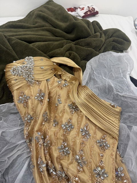 Luxurious Gold Off-the-Shoulder Evening Dress with Structured Draped Sleeves SS217
