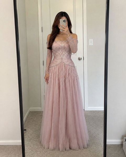 Elegant Crystal Beaded Off Shoulder Evening Dress with off Shoulder SS507