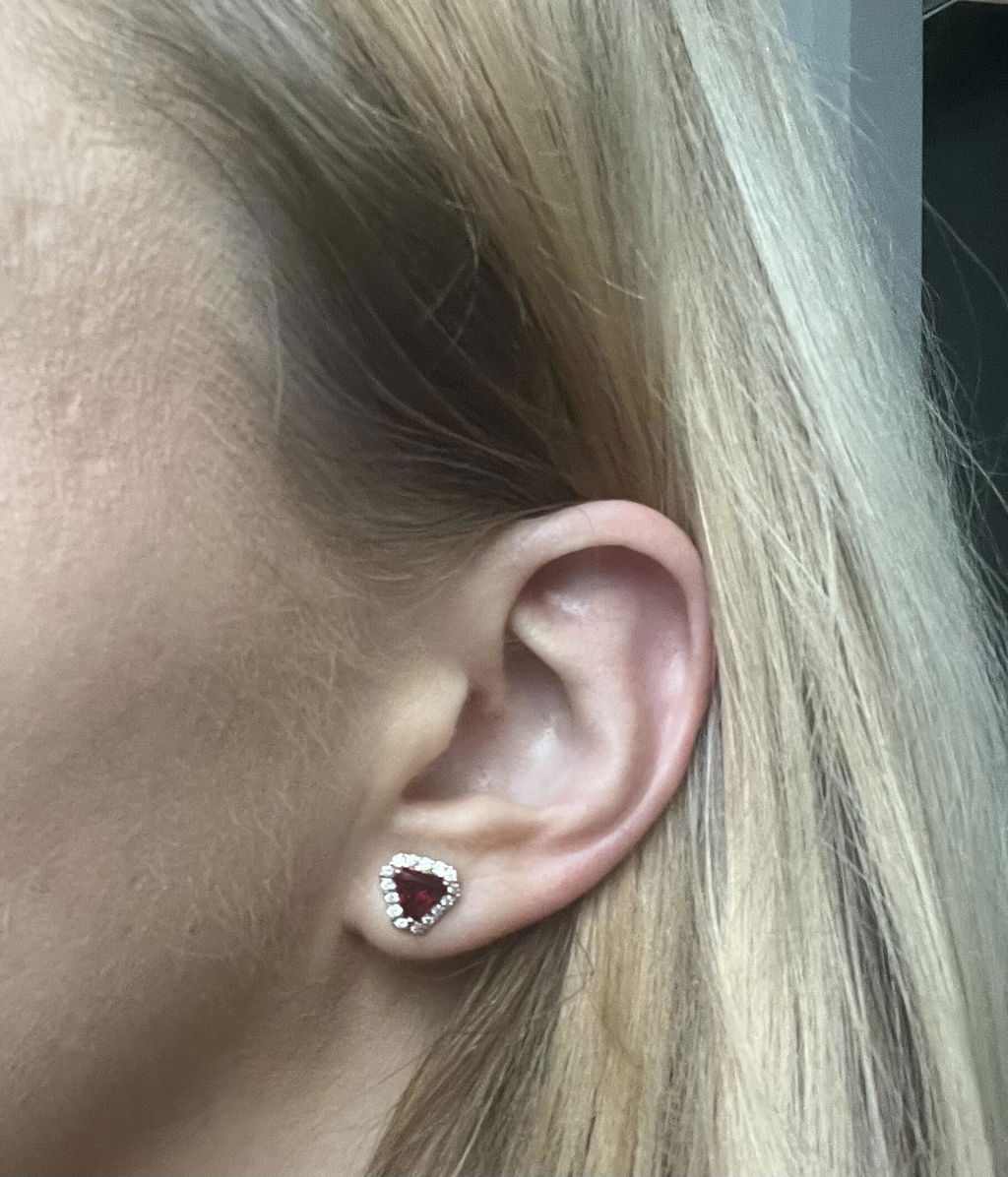 Diana Ruby Triangle Cut & Diamond Halo Stud Earrings in Rose Gold