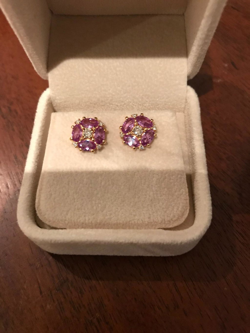 Pristi Oval Purple Sapphire & Diamond Cluster Earrings in Gold