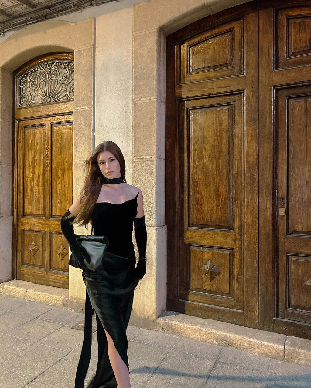 Architectural Corset Silk Velvet Gown With Scarf & Gloves