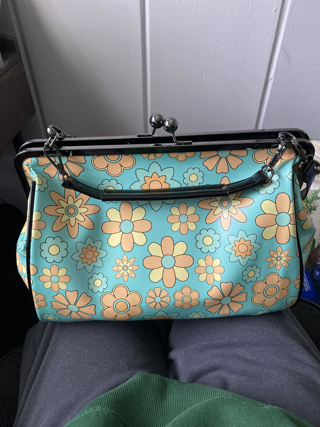 Groovy Flower Power Retro 70s Daisy Vintage Turquoise Kisslock Purse