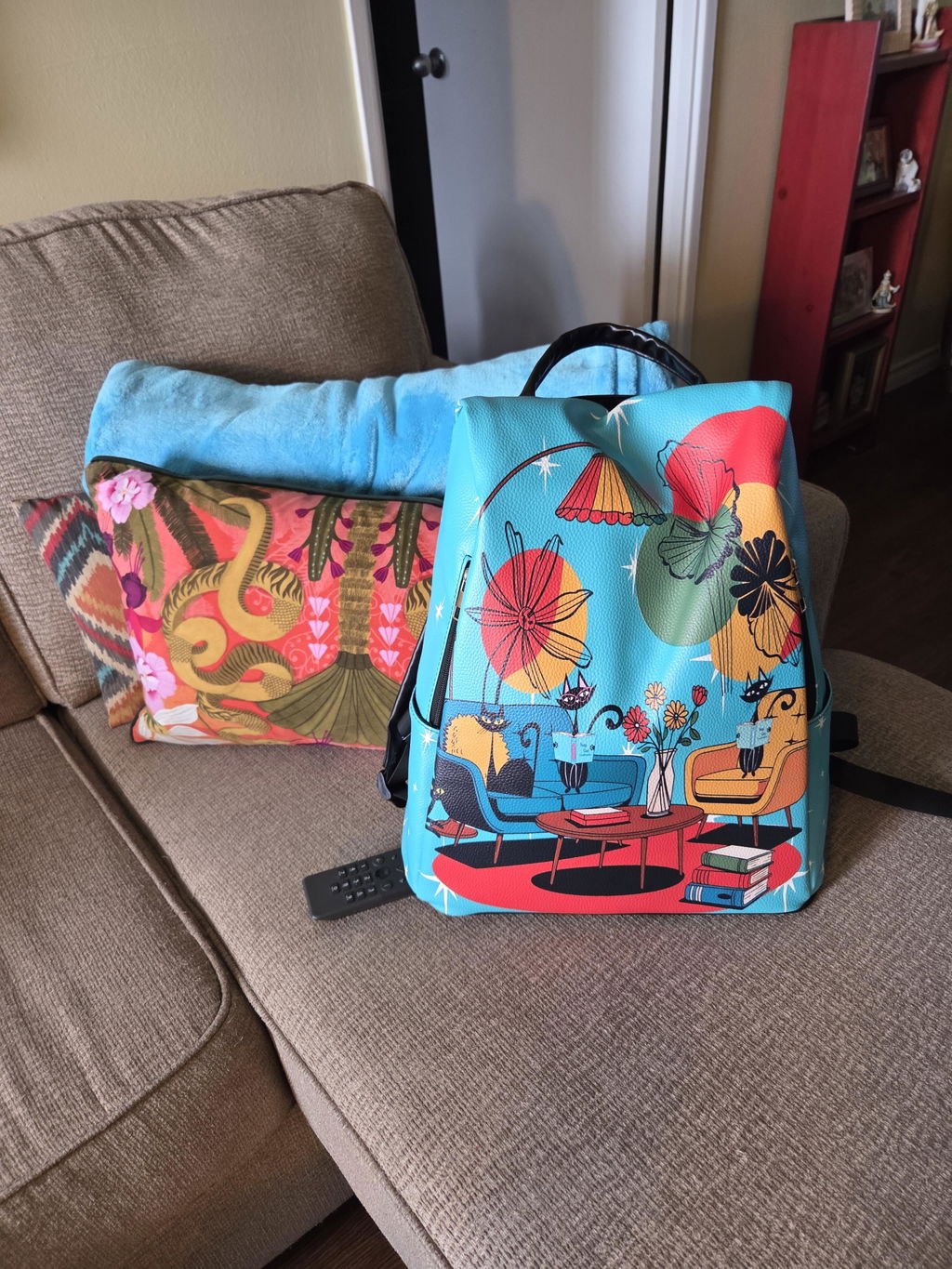 Atomic Cat Mid Century Modern Backpack, Retro 50s Kitsch Aqua Teal Lounge Scene Book Bag