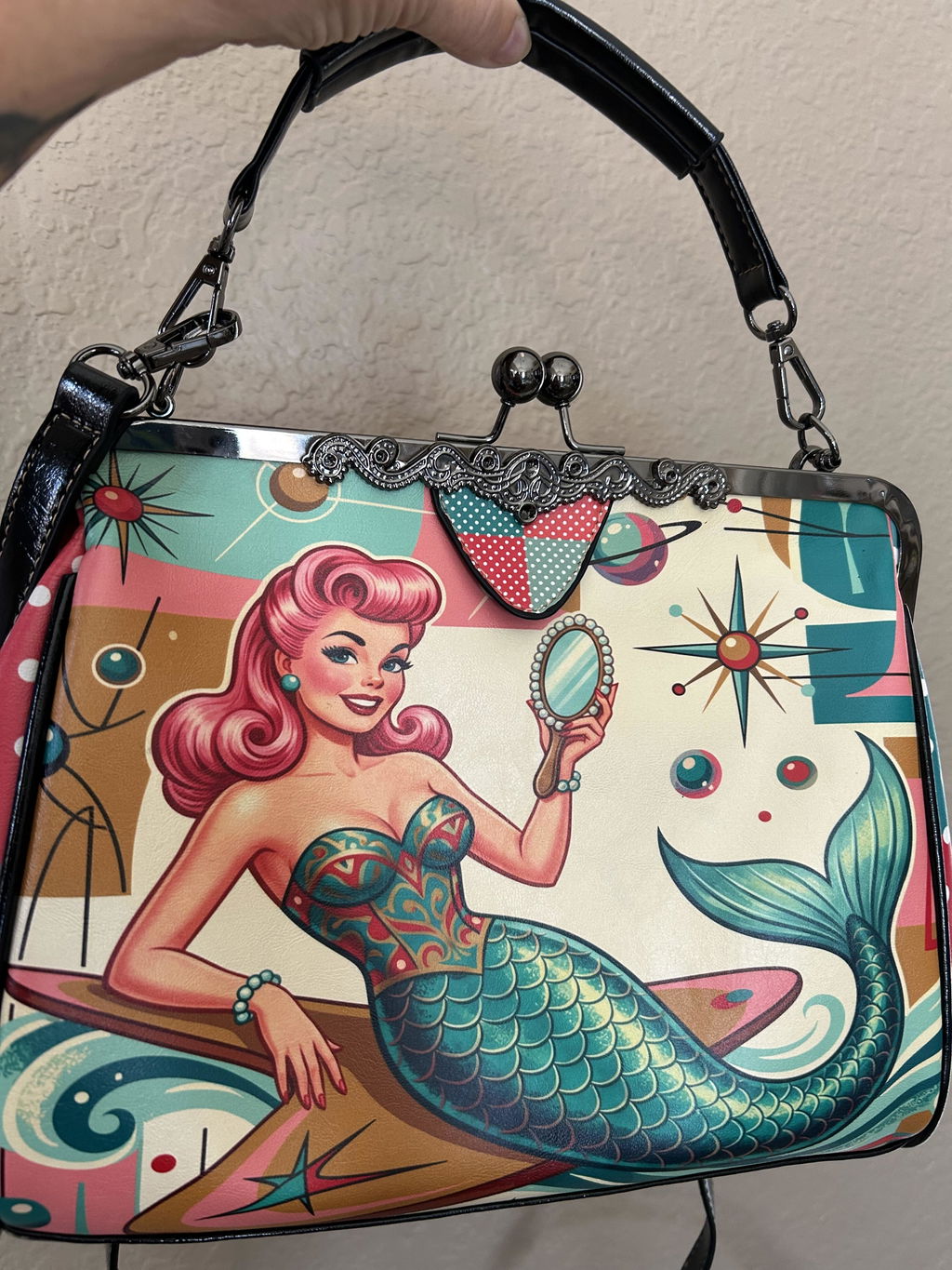 Kitschy 1950s Retro Mermaid Atomic Starburst Kiss Lock Handbag