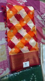 KcPc Originals Latest Bandhani Come Leheriya Exclusive Banarasi Border Saree with gold foil work   STL