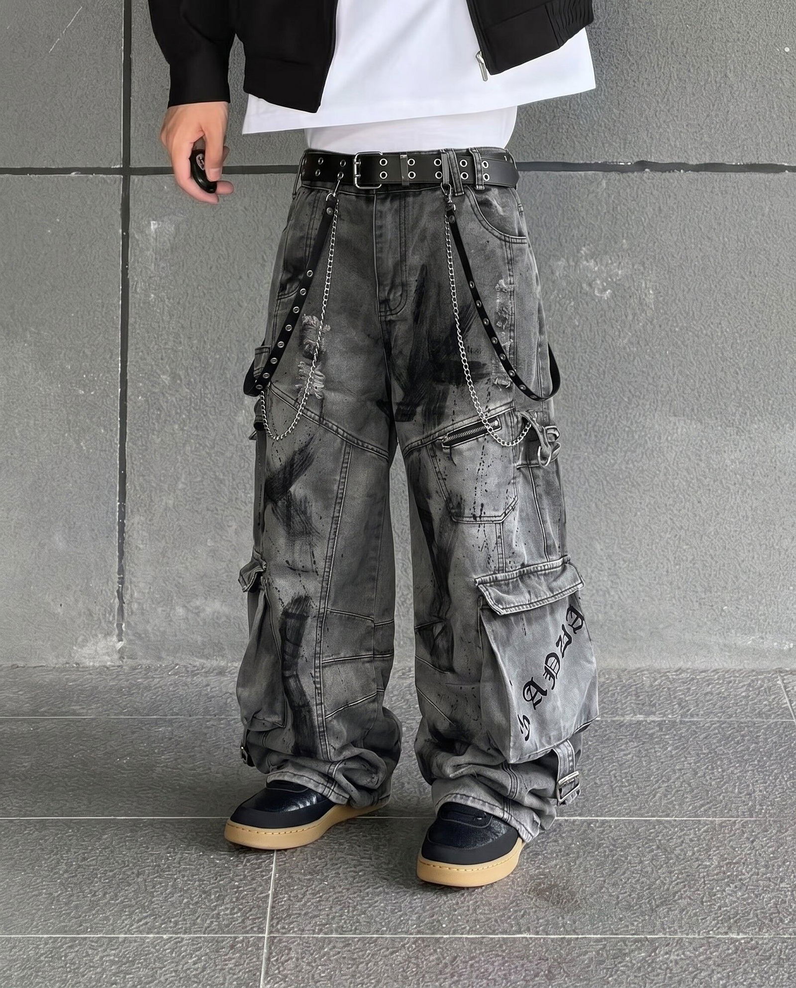 Dark Graffiti Patchwork Cargo Jeans - Y2K Streetwear & Gothic