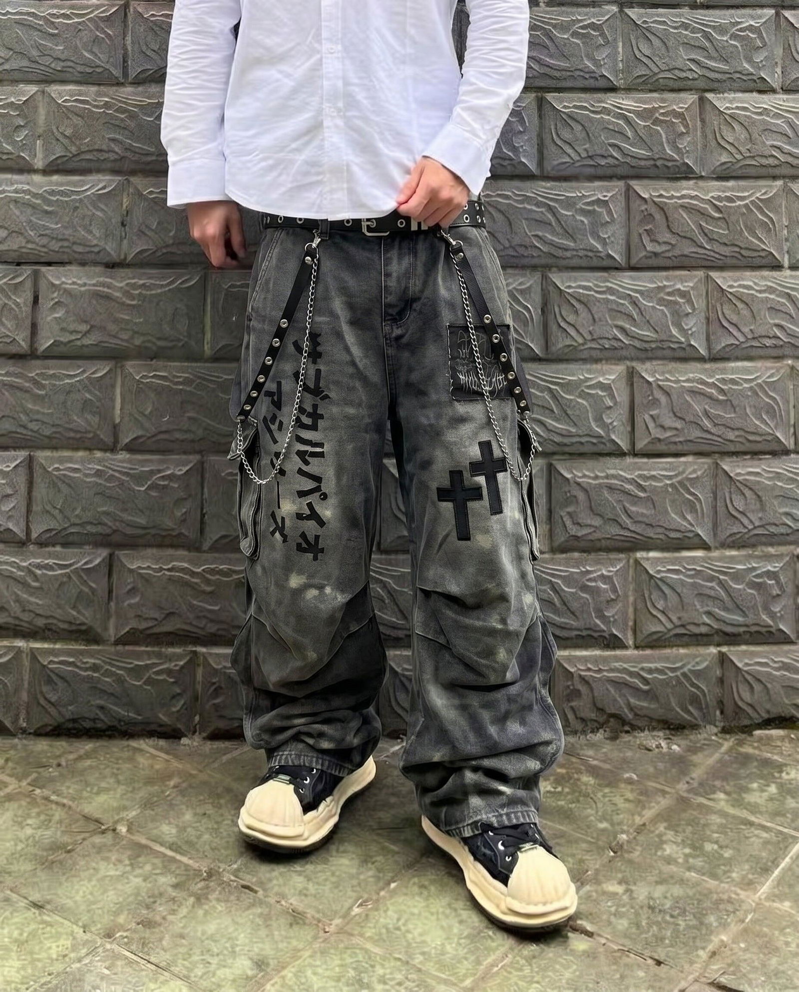 Dark Graffiti Patchwork Cargo Jeans - Y2K Streetwear & Gothic