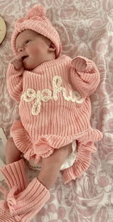 Personalized Baby Romper with Frill – Hand Knit Custom Name Outfit, Newborn Announcement Outfit