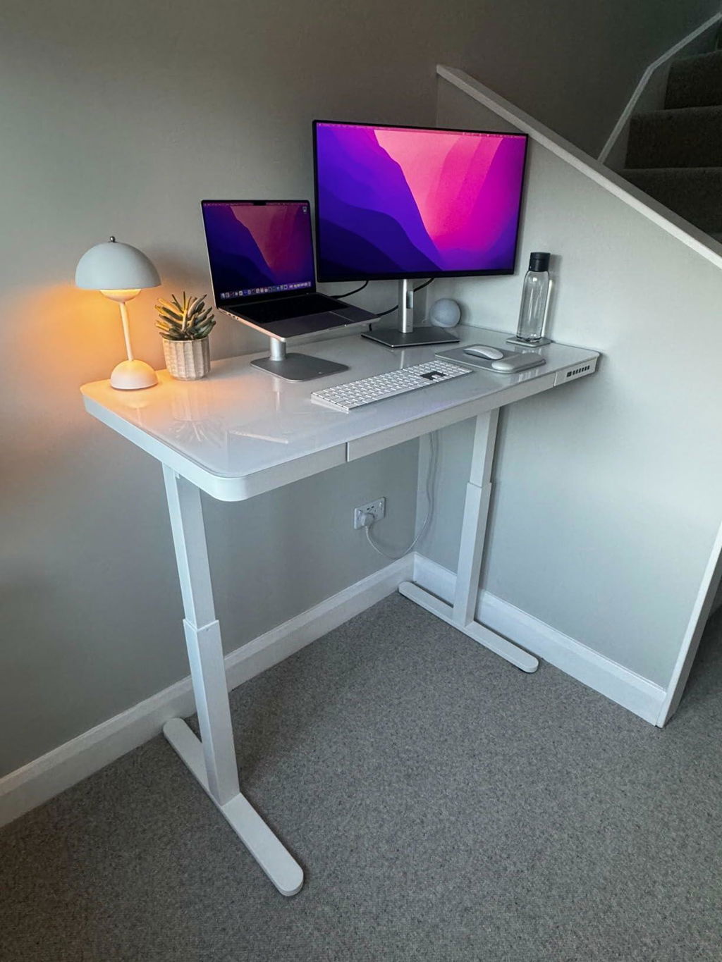 Glass Top Standing Desk with Drawer, Wireless Charging & USB Ports