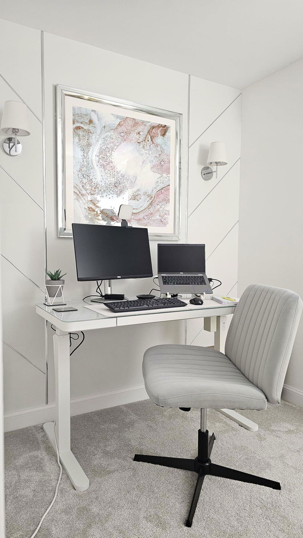Marble Effect Glass Standing Desk with Drawer & Wireless Charging