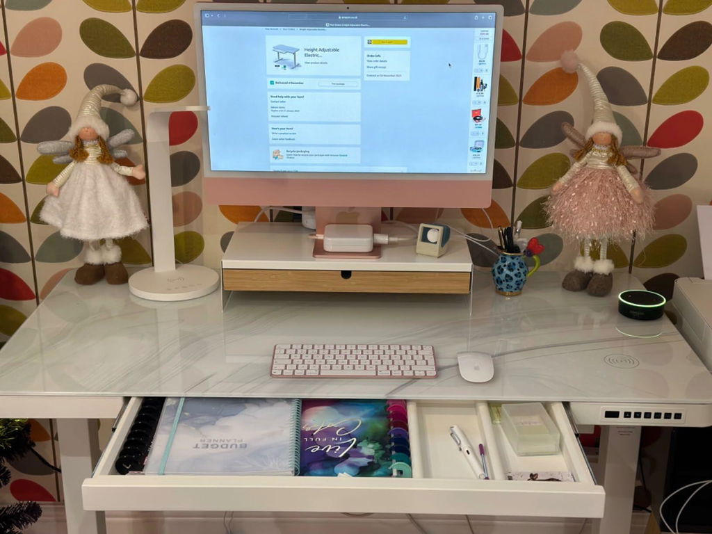 Marble Effect Glass Standing Desk with Drawer & Wireless Charging