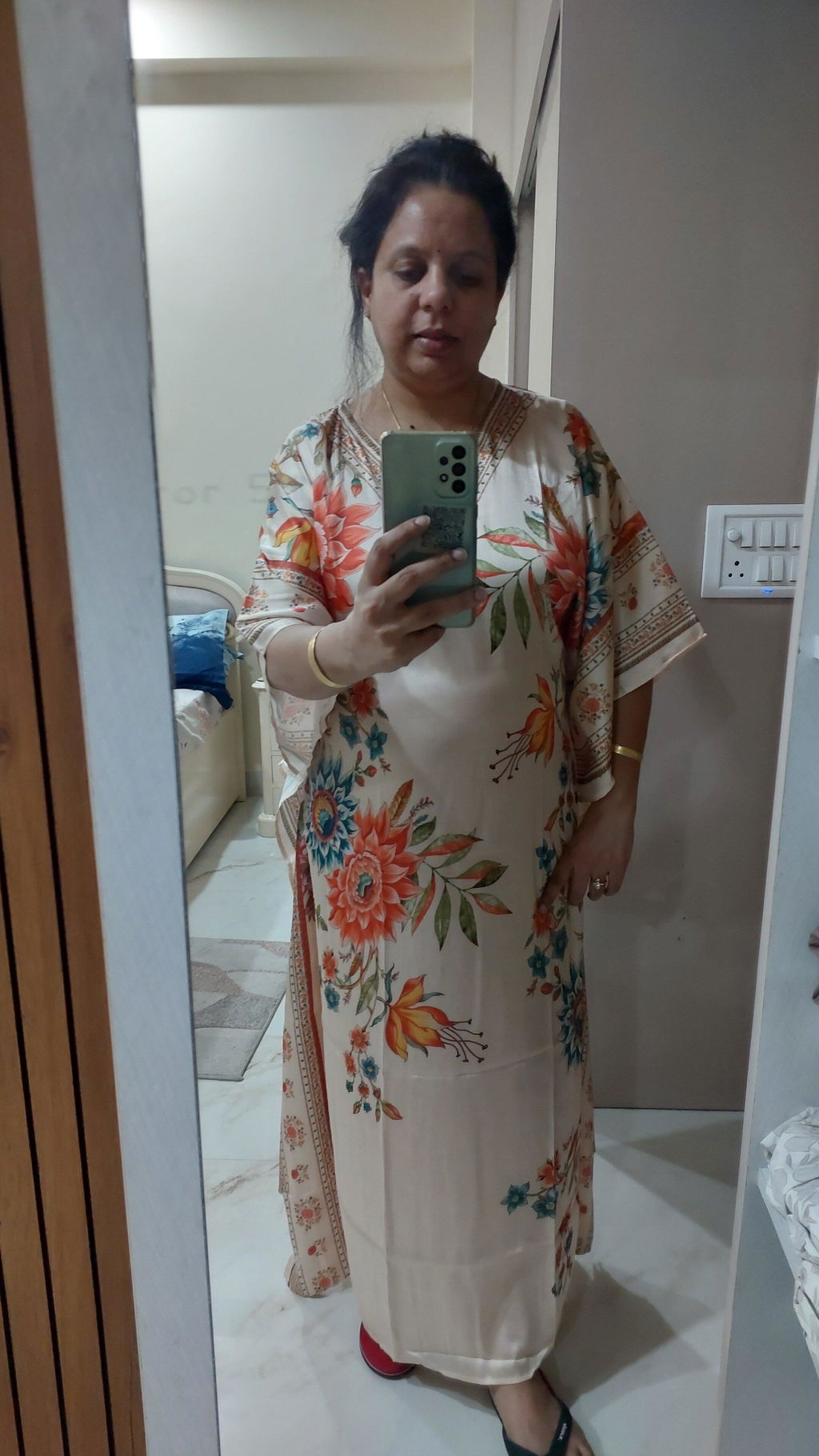 Retro Radiance Soft Satin Women Kaftan Dress with Digital Print