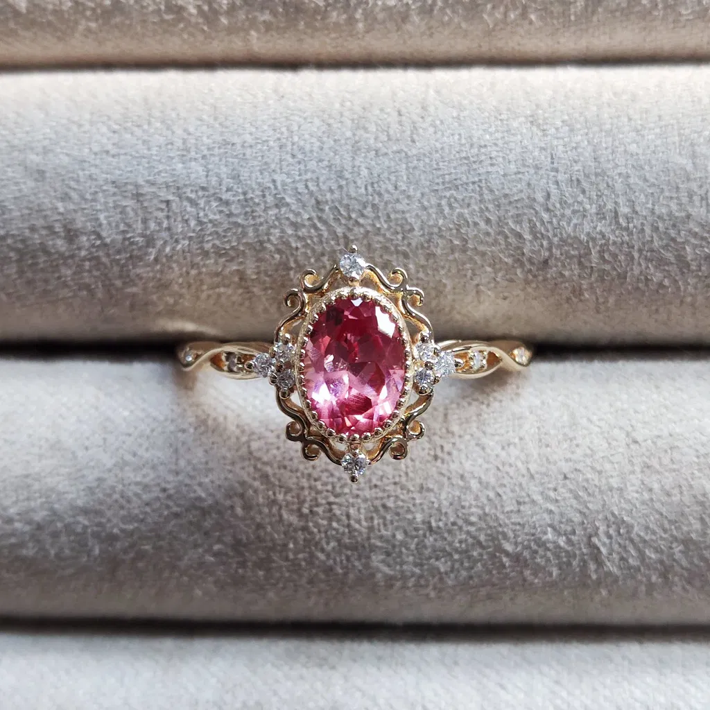 Signature Vintage Oval Cut Lab Pink Sapphire Engagement Ring